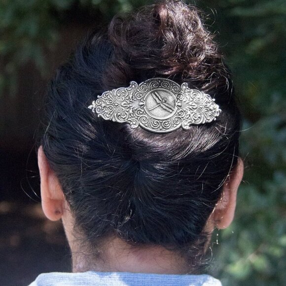 Elegant Silver Victorian Dragonfly Hair Clip Large Handcrafted Metal Barrette main image 6